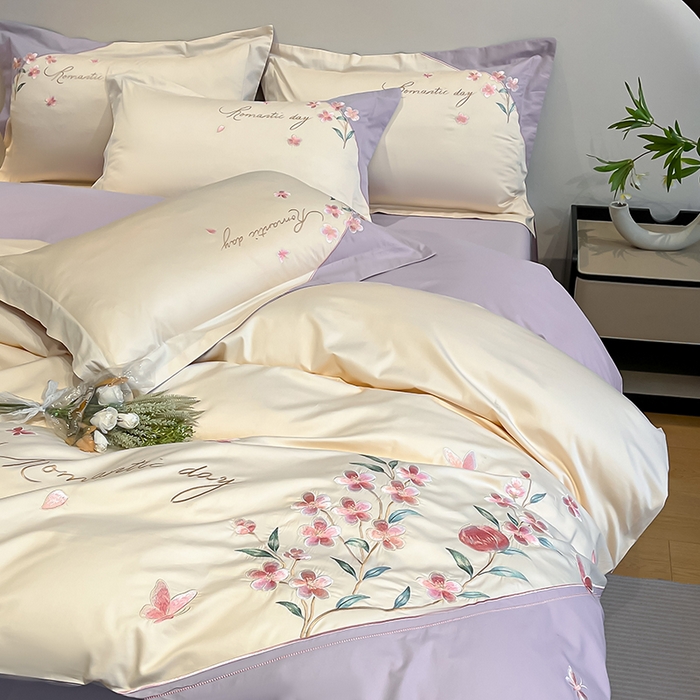 91家纺网 家纺一手货源 找家纺 桃园 新品纯棉全棉长绒棉刺绣绣花高端礼盒四件套-花语 花语-白紫