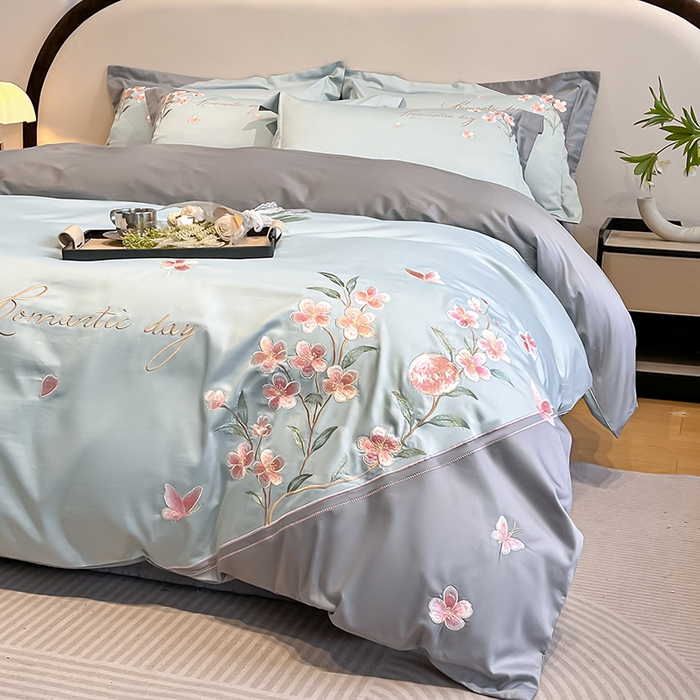 91家纺网 家纺一手货源 找家纺 桃园 新品纯棉全棉长绒棉刺绣绣花高端礼盒四件套-花语 花语-飘蓝