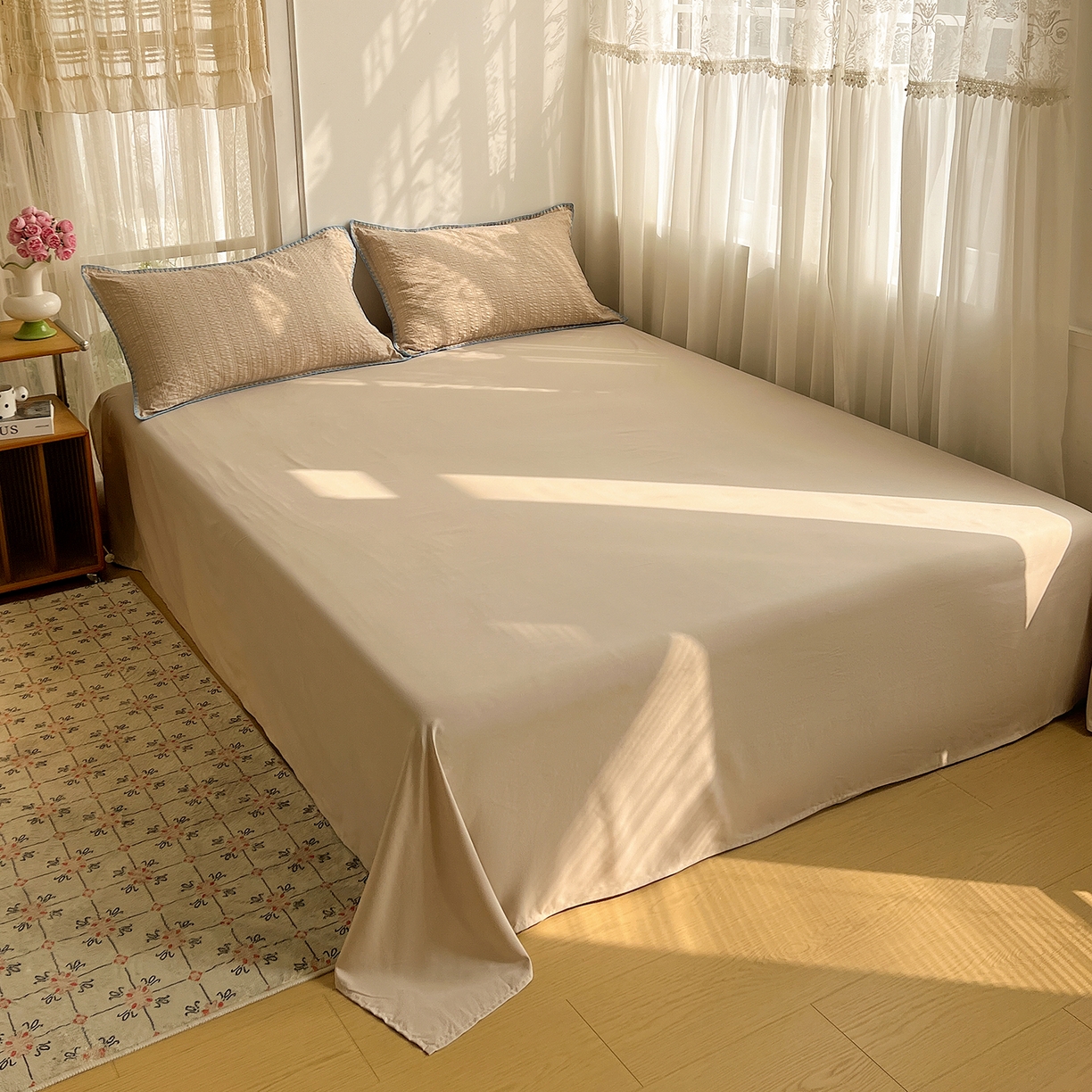 91家纺网 家纺一手货源 找家纺 一比一家纺 2026新款泡泡纱三角针四件套--纯色系列 燕麦咖