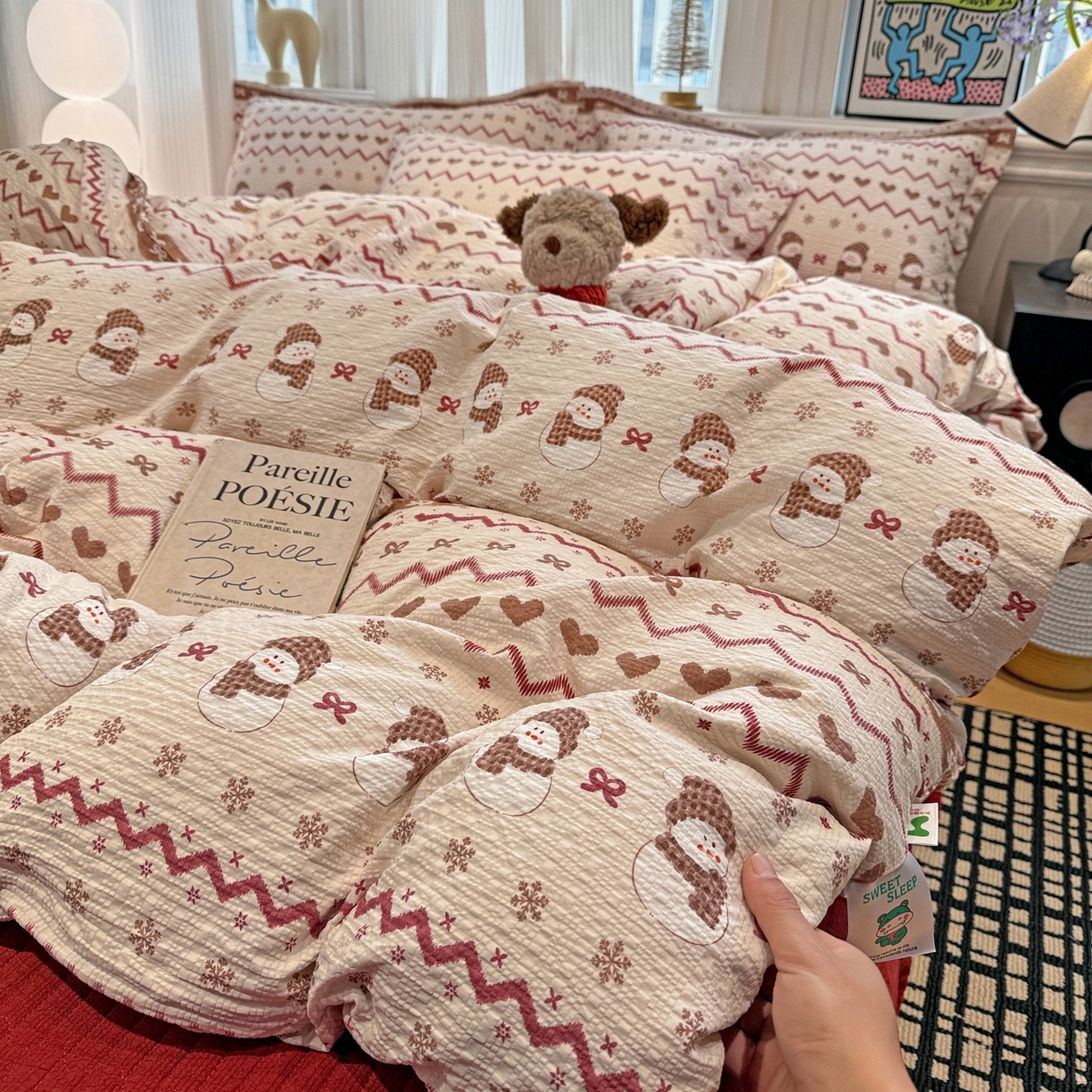 91家纺网 家纺一手货源 找家纺 富米莱（原臻工厂） 2026新款云感泡芙棉小清新印花简约床盖床裙四件套一小红书推荐 简约-费尔岛娃娃