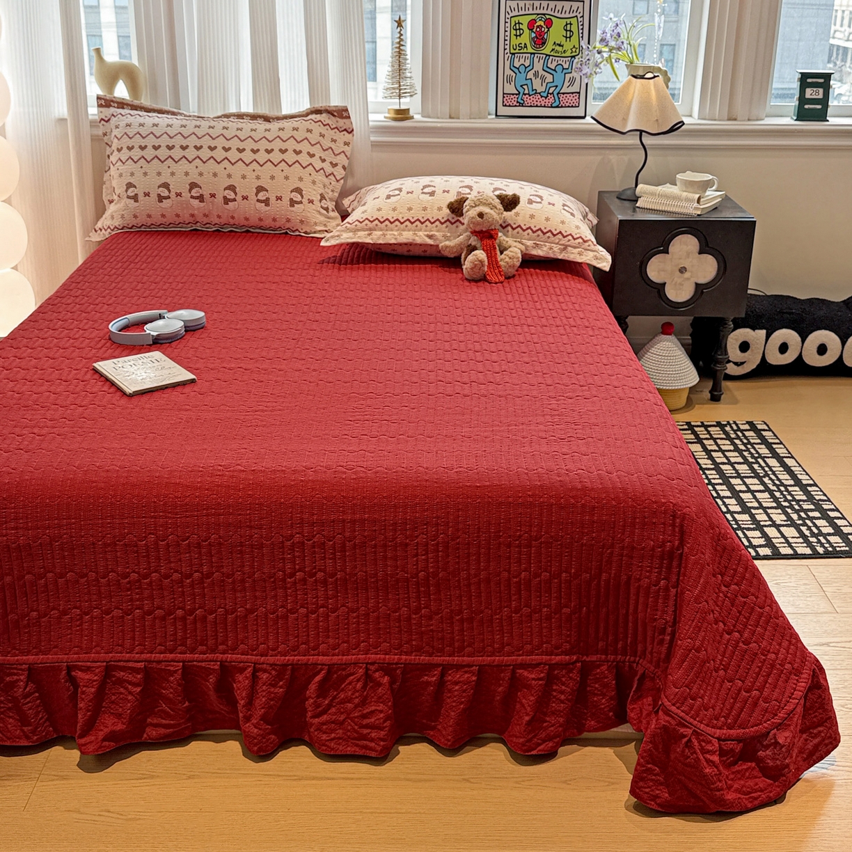 91家纺网 家纺一手货源 找家纺 富米莱（原臻工厂） 2026新款云感泡芙棉小清新印花简约床盖床裙四件套一小红书推荐 简约-费尔岛娃娃