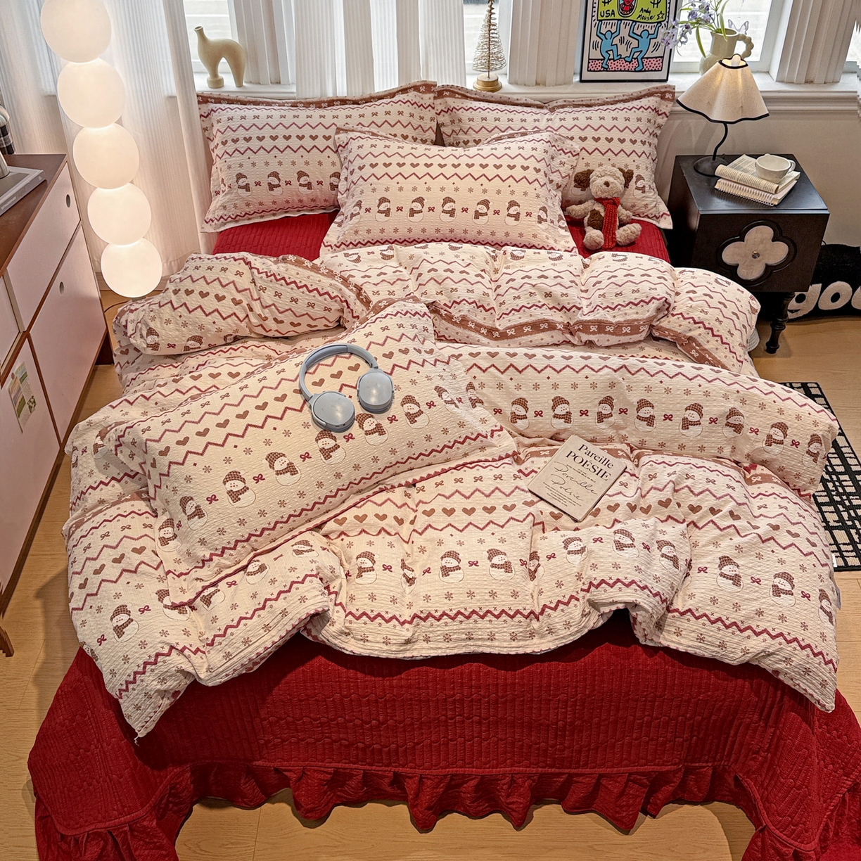 91家纺网 家纺一手货源 找家纺 富米莱（原臻工厂） 2026新款云感泡芙棉小清新印花简约床盖床裙四件套一小红书推荐 简约-费尔岛娃娃