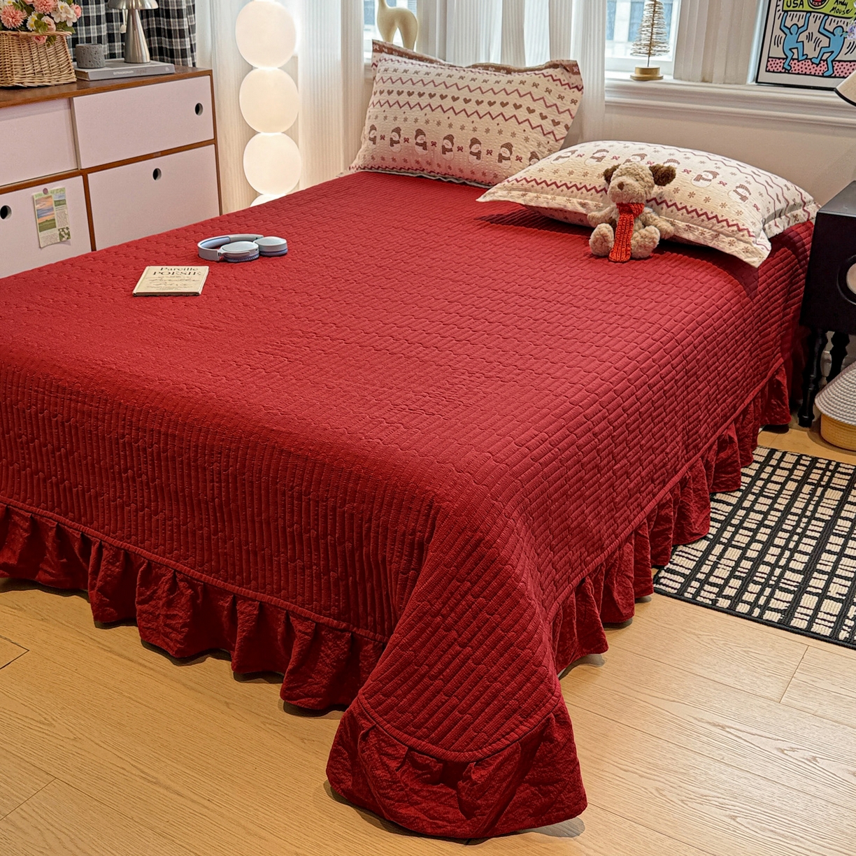 91家纺网 家纺一手货源 找家纺 富米莱（原臻工厂） 2026新款云感泡芙棉小清新印花简约床盖床裙四件套一小红书推荐 简约-费尔岛娃娃