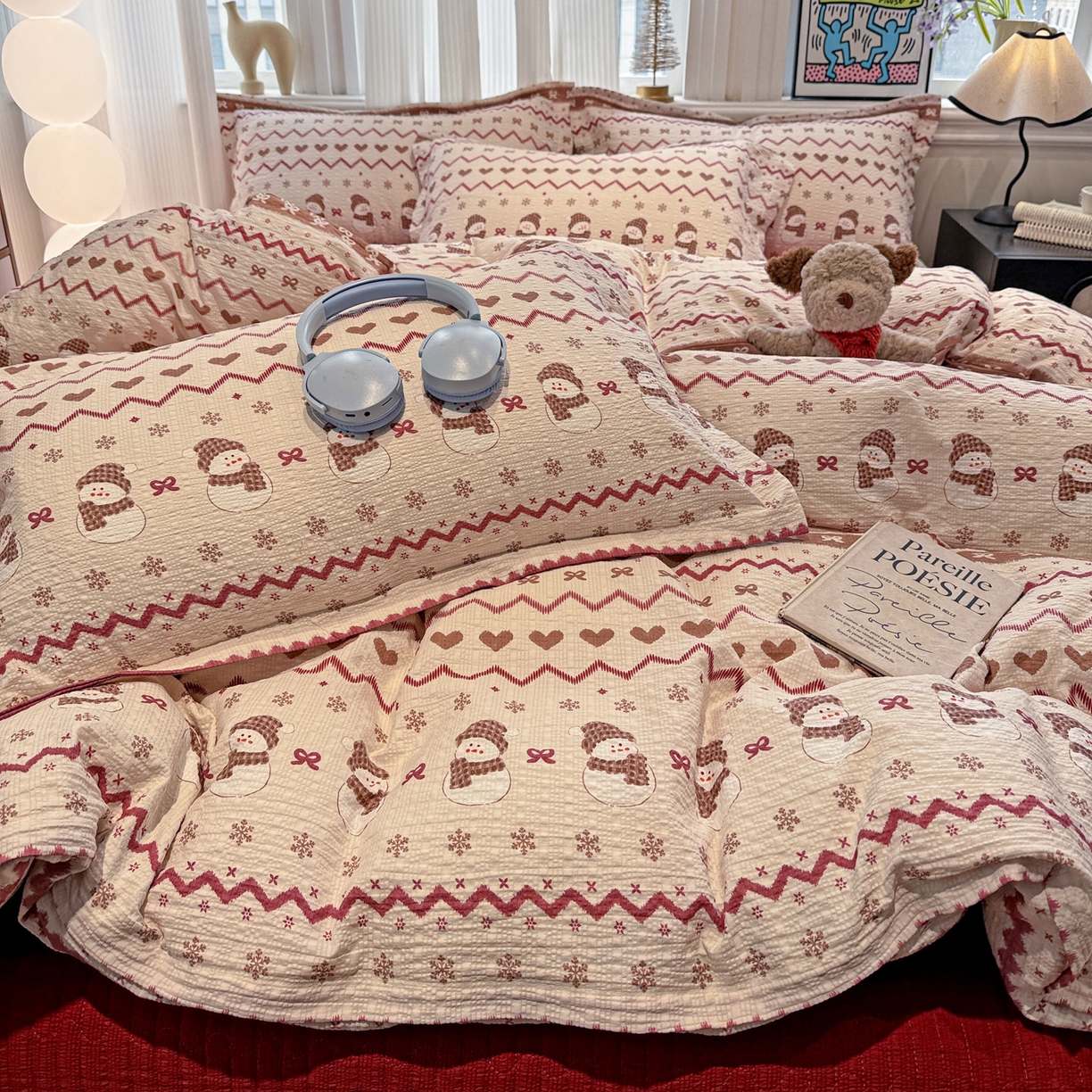 91家纺网 家纺一手货源 找家纺 富米莱（原臻工厂） 2026新款云感泡芙棉小清新印花简约床盖床裙四件套一小红书推荐 简约-费尔岛娃娃