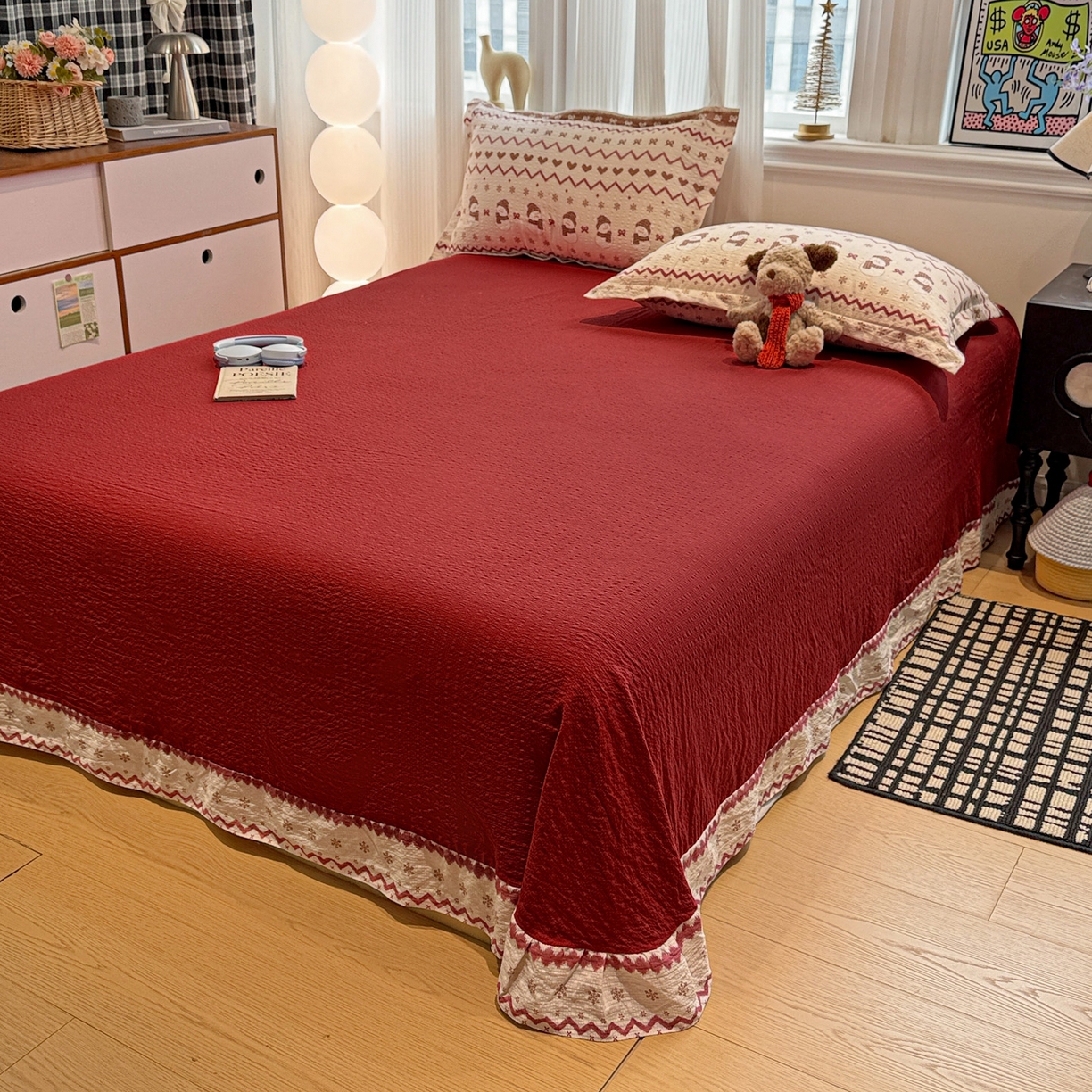 91家纺网 家纺一手货源 找家纺 富米莱（原臻工厂） 2026新款云感泡芙棉小清新印花简约床盖床裙四件套一小红书推荐 简约-费尔岛娃娃