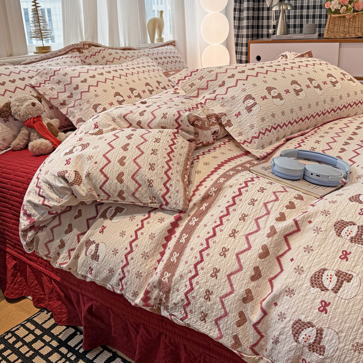 91家纺网 家纺一手货源 找家纺 富米莱（原臻工厂） 2026新款云感泡芙棉小清新印花简约床盖床裙四件套一小红书推荐 简约-费尔岛娃娃