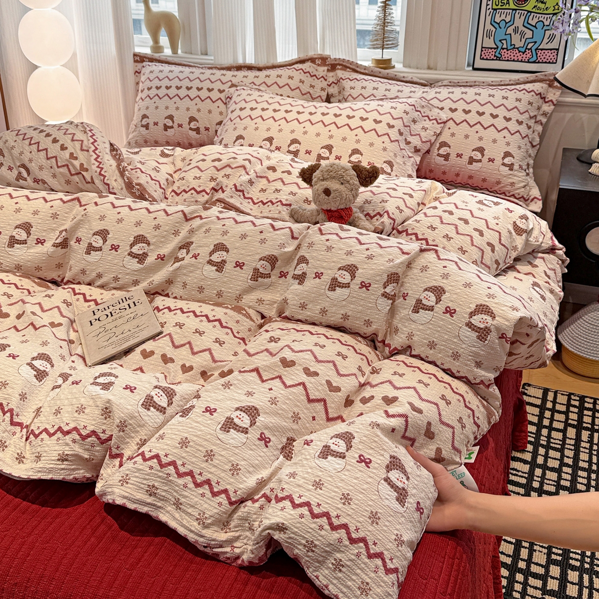 91家纺网 家纺一手货源 找家纺 富米莱（原臻工厂） 2026新款云感泡芙棉小清新印花简约床盖床裙四件套一小红书推荐 简约-费尔岛娃娃