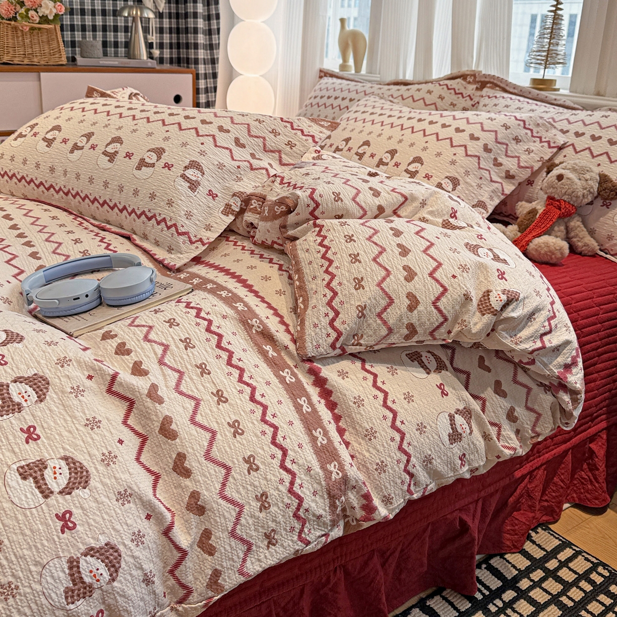 91家纺网 家纺一手货源 找家纺 富米莱（原臻工厂） 2026新款云感泡芙棉小清新印花简约床盖床裙四件套一小红书推荐 简约-费尔岛娃娃