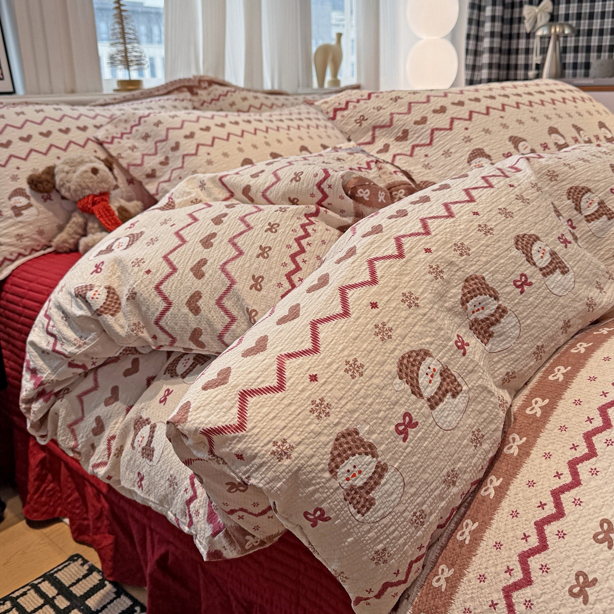 91家纺网 家纺一手货源 找家纺 富米莱（原臻工厂） 2026新款云感泡芙棉小清新印花简约床盖床裙四件套一小红书推荐 简约-费尔岛娃娃