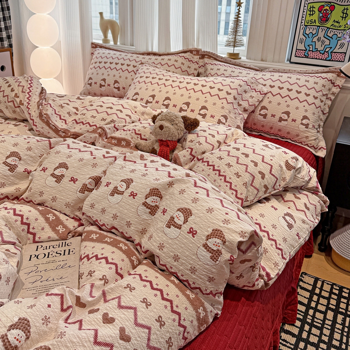 91家纺网 家纺一手货源 找家纺 富米莱（原臻工厂） 2026新款云感泡芙棉小清新印花简约床盖床裙四件套一小红书推荐 简约-费尔岛娃娃