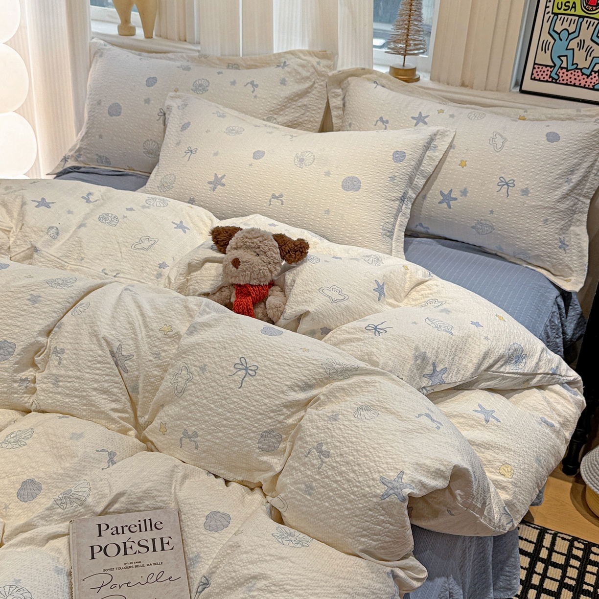 91家纺网 家纺一手货源 找家纺 富米莱（原臻工厂） 2026新款云感泡芙棉小清新印花简约床盖床裙四件套一小红书推荐 简约-海盐日记