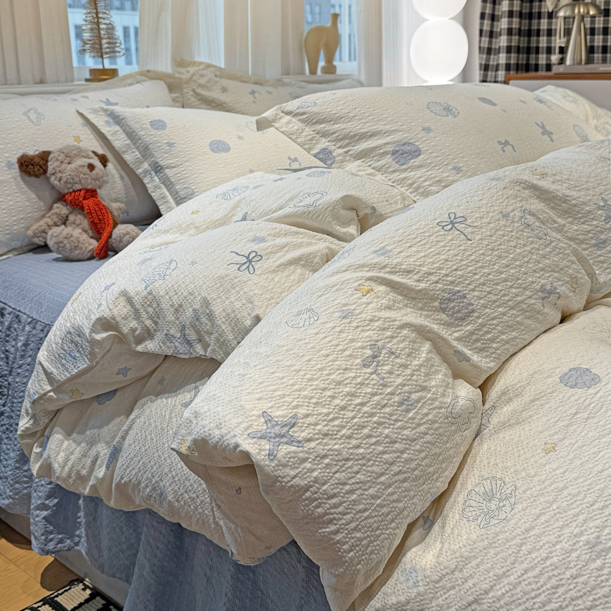 91家纺网 家纺一手货源 找家纺 富米莱（原臻工厂） 2026新款云感泡芙棉小清新印花简约床盖床裙四件套一小红书推荐 简约-海盐日记