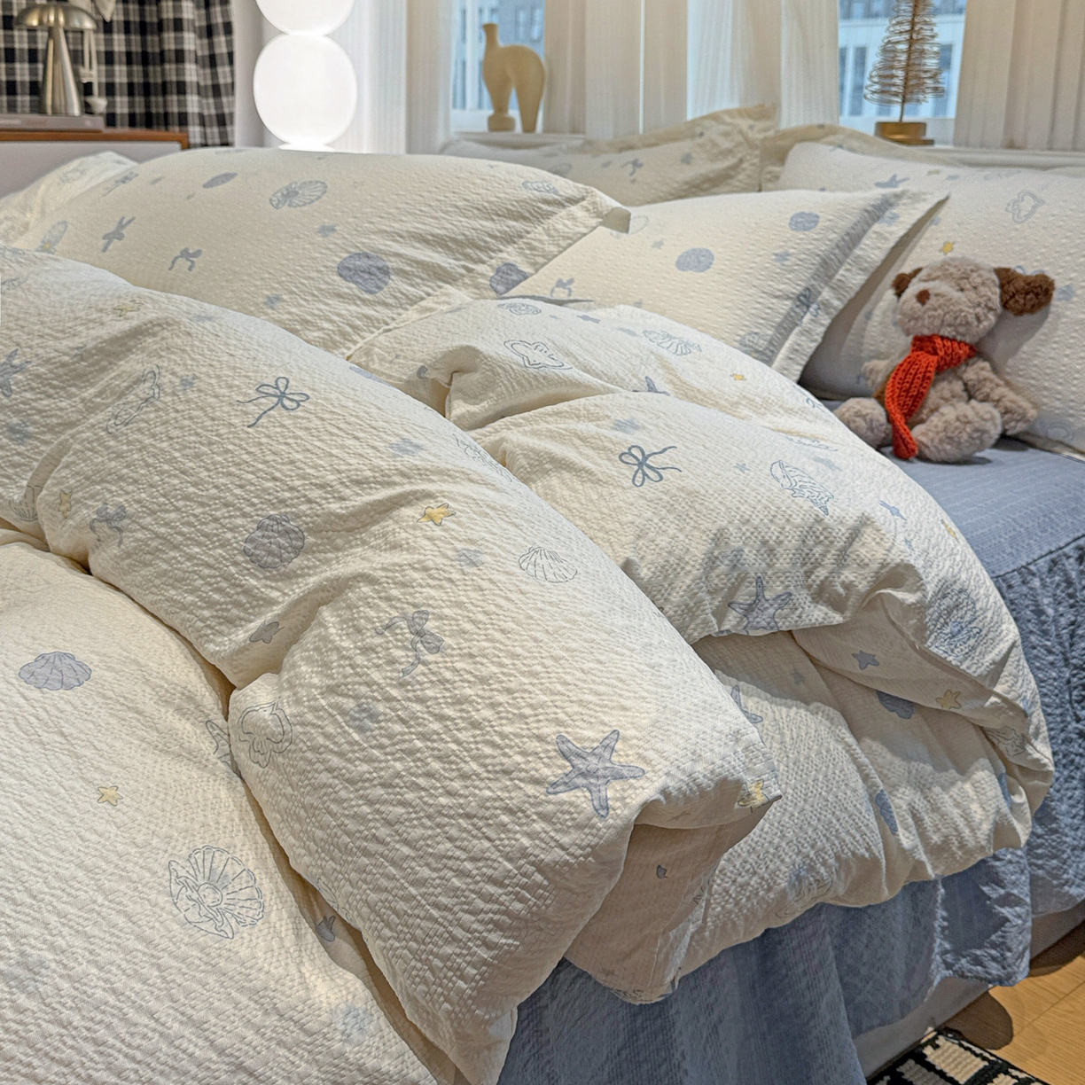 91家纺网 家纺一手货源 找家纺 富米莱（原臻工厂） 2026新款云感泡芙棉小清新印花简约床盖床裙四件套一小红书推荐 简约-海盐日记