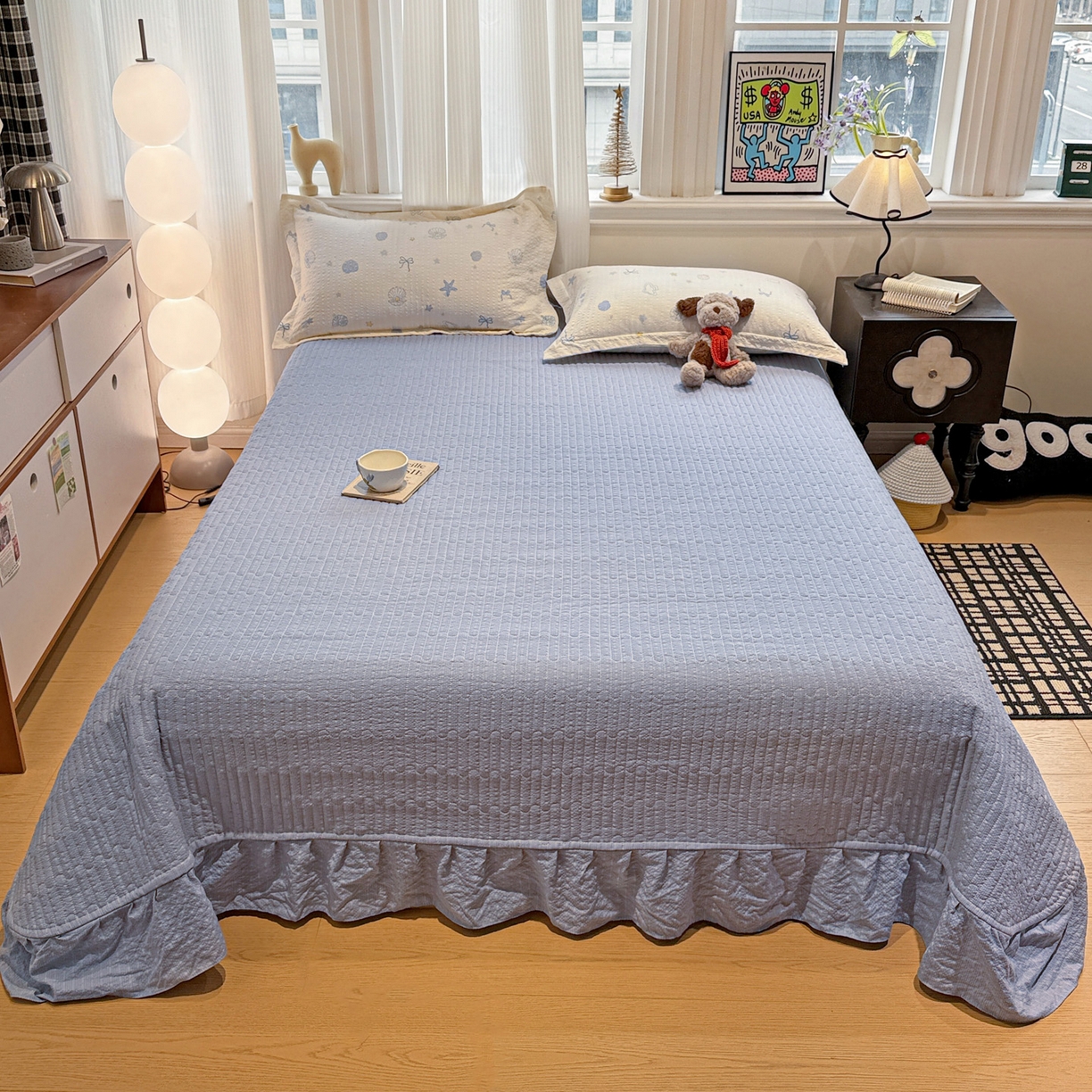 91家纺网 家纺一手货源 找家纺 富米莱（原臻工厂） 2026新款云感泡芙棉小清新印花简约床盖床裙四件套一小红书推荐 简约-海盐日记