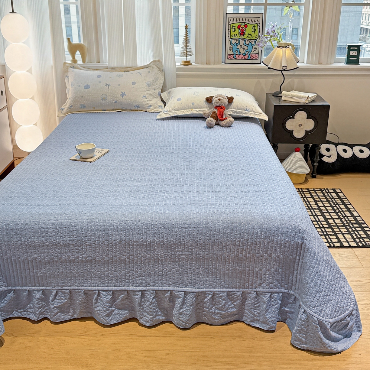 91家纺网 家纺一手货源 找家纺 富米莱（原臻工厂） 2026新款云感泡芙棉小清新印花简约床盖床裙四件套一小红书推荐 简约-海盐日记