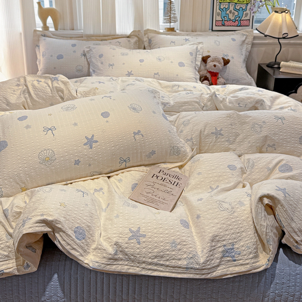 91家纺网 家纺一手货源 找家纺 富米莱（原臻工厂） 2026新款云感泡芙棉小清新印花简约床盖床裙四件套一小红书推荐 简约-海盐日记