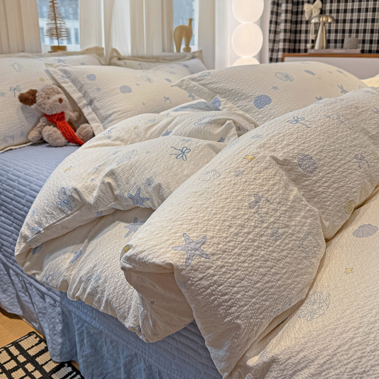 91家纺网 家纺一手货源 找家纺 富米莱（原臻工厂） 2026新款云感泡芙棉小清新印花简约床盖床裙四件套一小红书推荐 简约-海盐日记