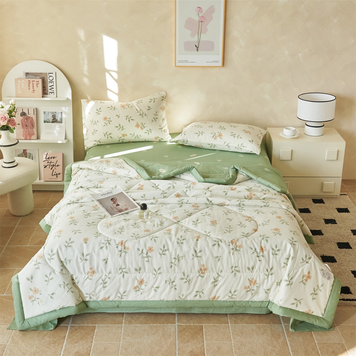 91家纺网 家纺一手货源 找家纺 恬思语家纺 2026春夏新款里外全棉印花棉花夏被空调被夏凉被夏被四件套 花叶青风