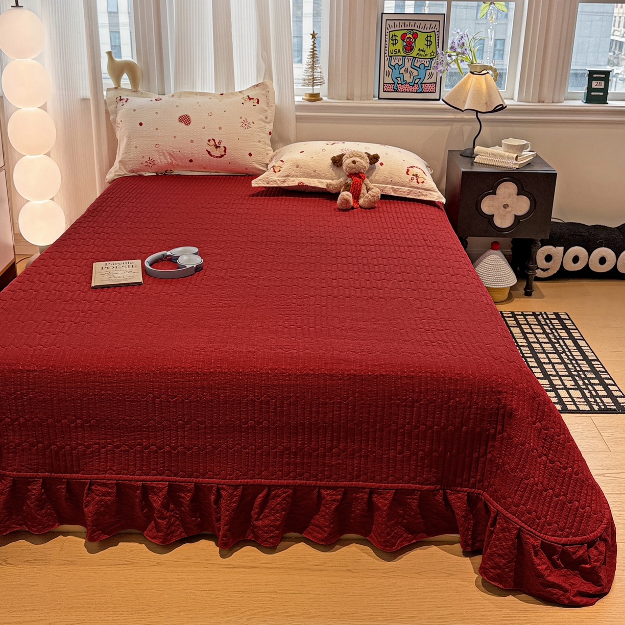 91家纺网 家纺一手货源 找家纺 富米莱（原臻工厂） 2026新款云感泡芙棉小清新印花简约床盖床裙四件套一小红书推荐 简约-红色小马