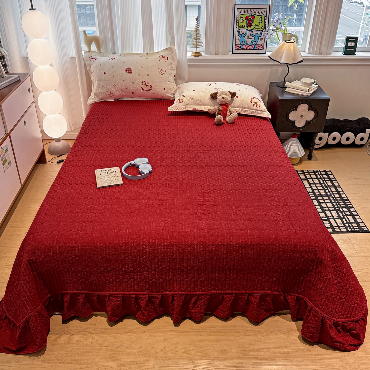 91家纺网 家纺一手货源 找家纺 富米莱（原臻工厂） 2026新款云感泡芙棉小清新印花简约床盖床裙四件套一小红书推荐 简约-红色小马