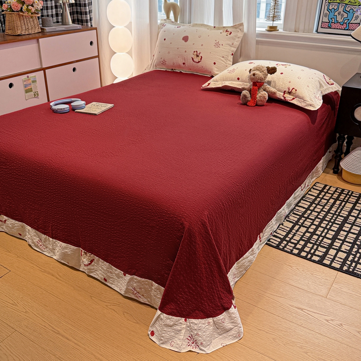 91家纺网 家纺一手货源 找家纺 富米莱（原臻工厂） 2026新款云感泡芙棉小清新印花简约床盖床裙四件套一小红书推荐 简约-红色小马