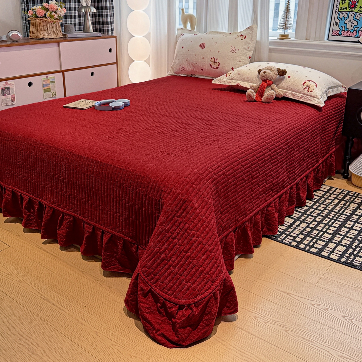 91家纺网 家纺一手货源 找家纺 富米莱（原臻工厂） 2026新款云感泡芙棉小清新印花简约床盖床裙四件套一小红书推荐 简约-红色小马