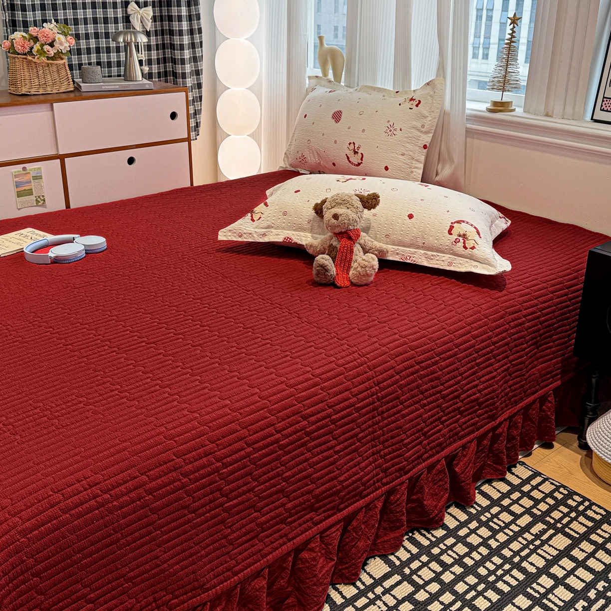 91家纺网 家纺一手货源 找家纺 富米莱（原臻工厂） 2026新款云感泡芙棉小清新印花简约床盖床裙四件套一小红书推荐 简约-红色小马