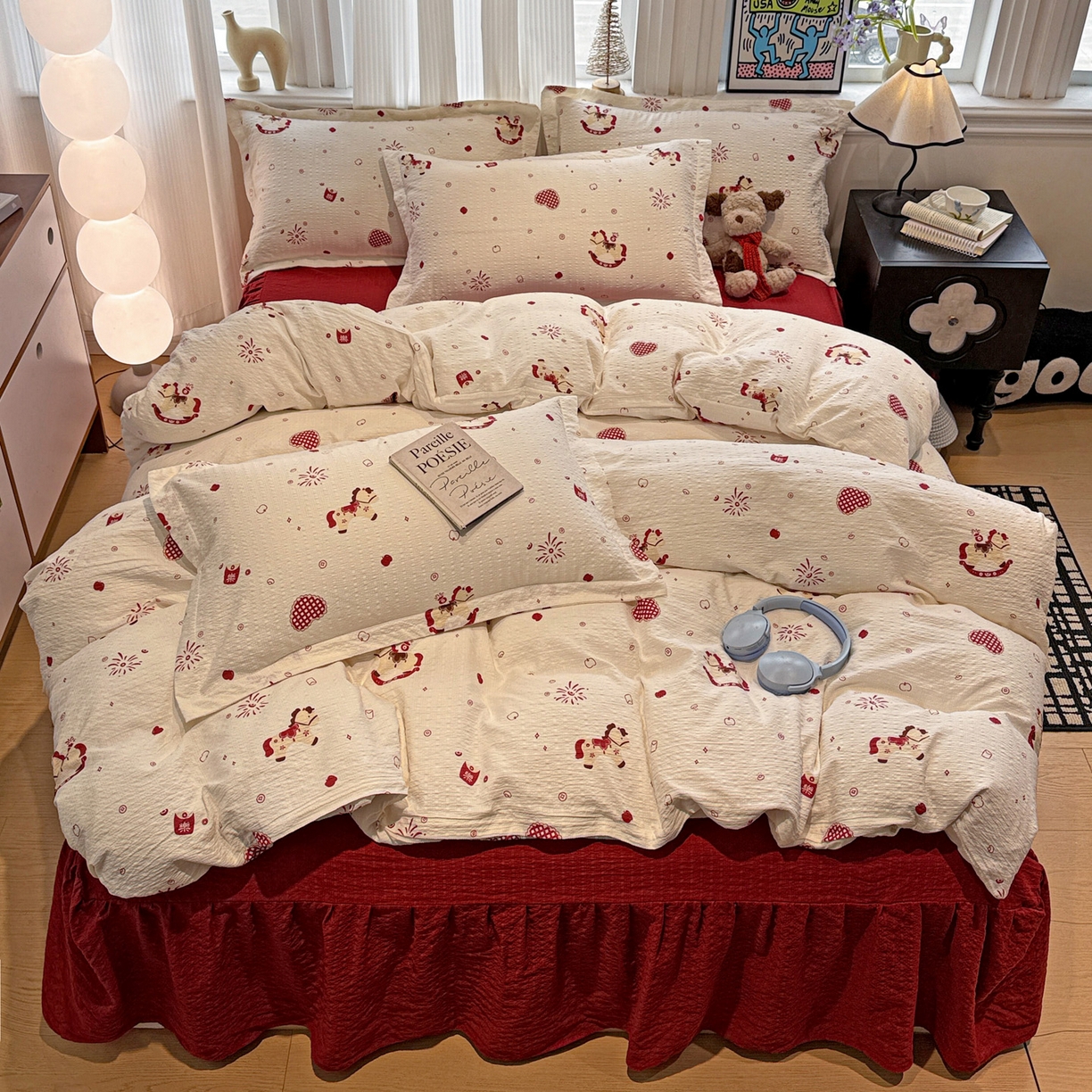 91家纺网 家纺一手货源 找家纺 富米莱（原臻工厂） 2026新款云感泡芙棉小清新印花简约床盖床裙四件套一小红书推荐 简约-红色小马