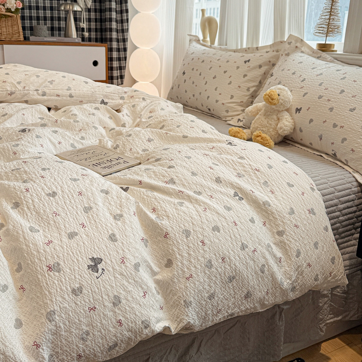 富米莱（原臻工厂） 2026新款云感泡芙棉小清新印花简约床盖床裙四件套一小红书推荐 简约-灰蝴蝶结