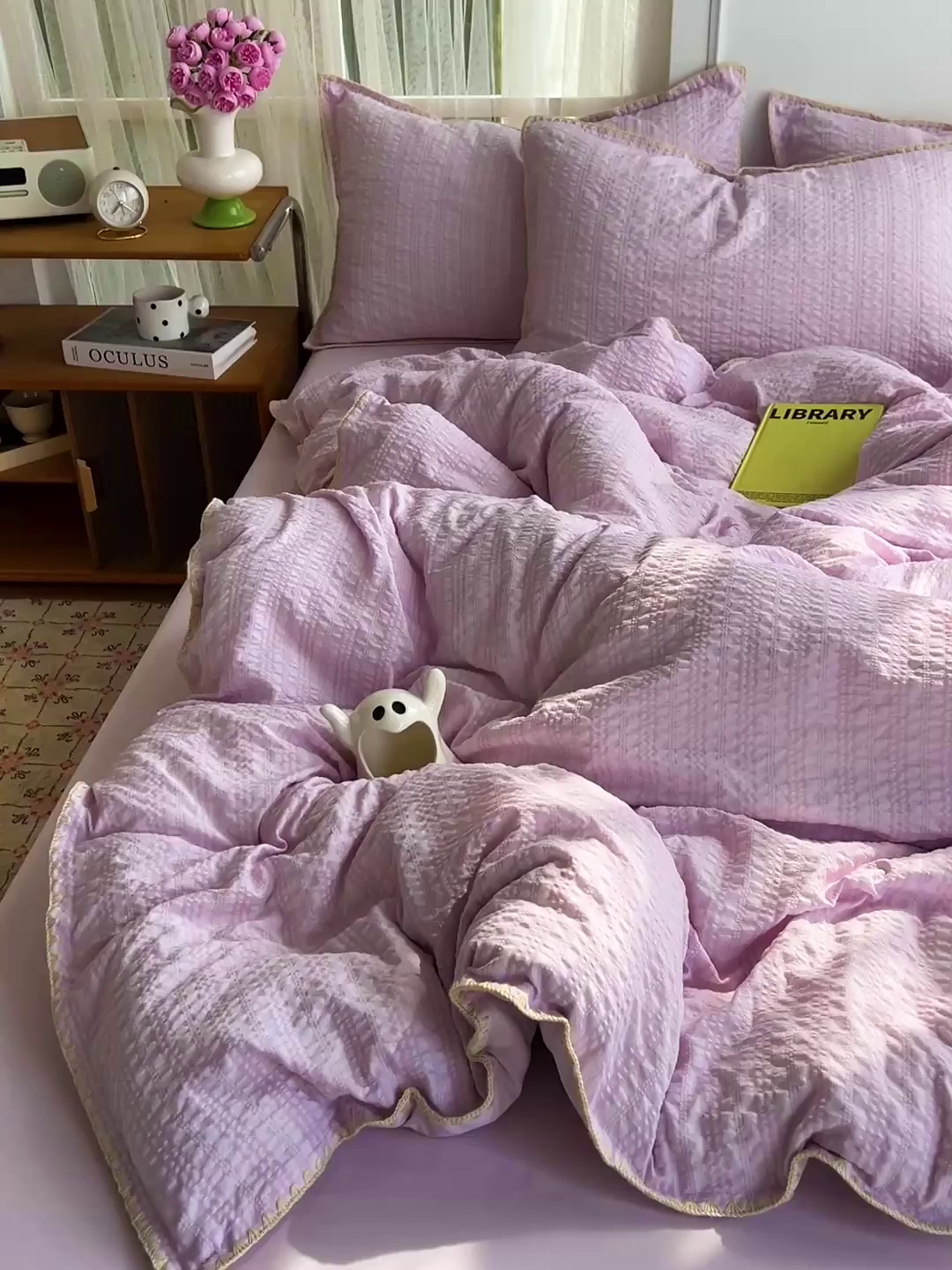 91家纺网 家纺一手货源 找家纺 一比一家纺 2026新款泡泡纱三角针四件套--纯色系列 芋泥紫