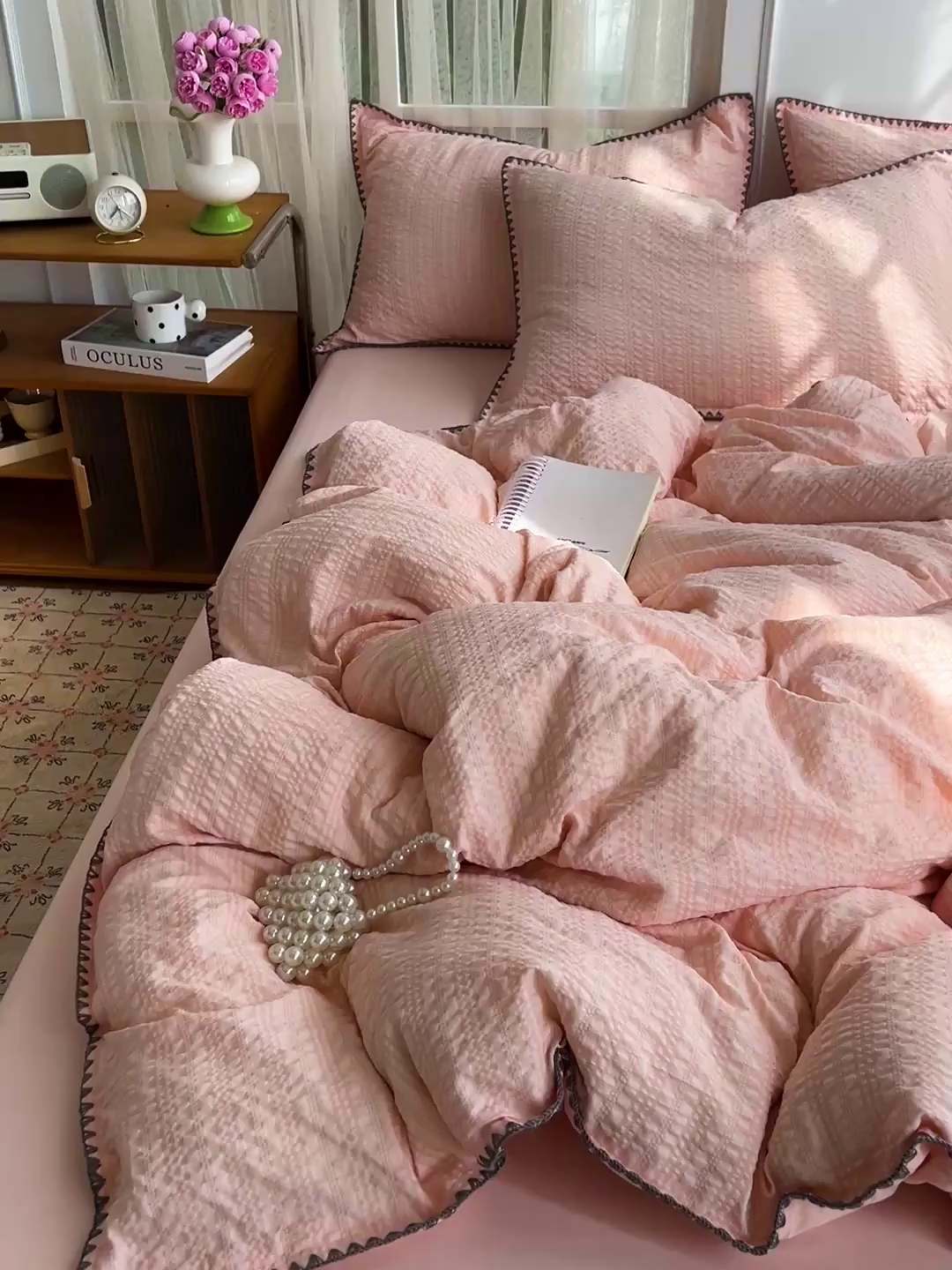 91家纺网 家纺一手货源 找家纺 一比一家纺 2026新款泡泡纱三角针四件套--纯色系列 奶油粉