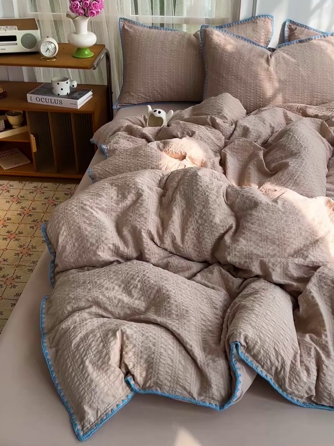 91家纺网 家纺一手货源 找家纺 一比一家纺 2026新款泡泡纱三角针四件套--纯色系列 燕麦咖