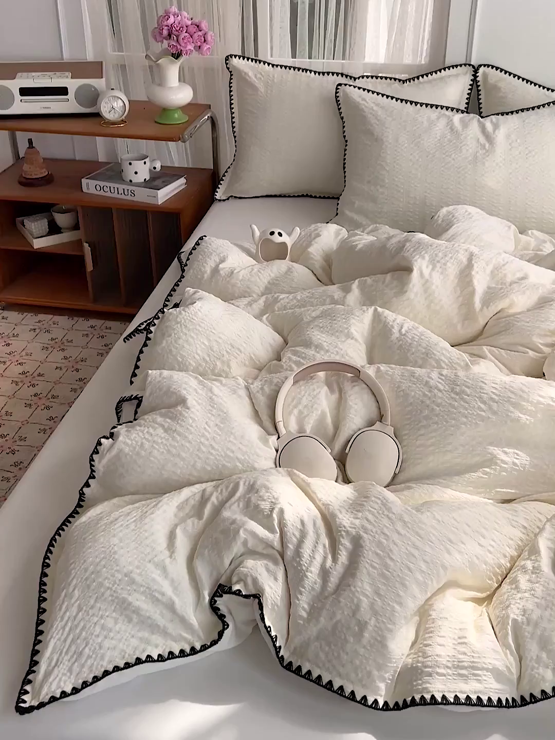 91家纺网 家纺一手货源 找家纺 一比一家纺 2026新款泡泡纱三角针四件套--纯色系列 杏仁白