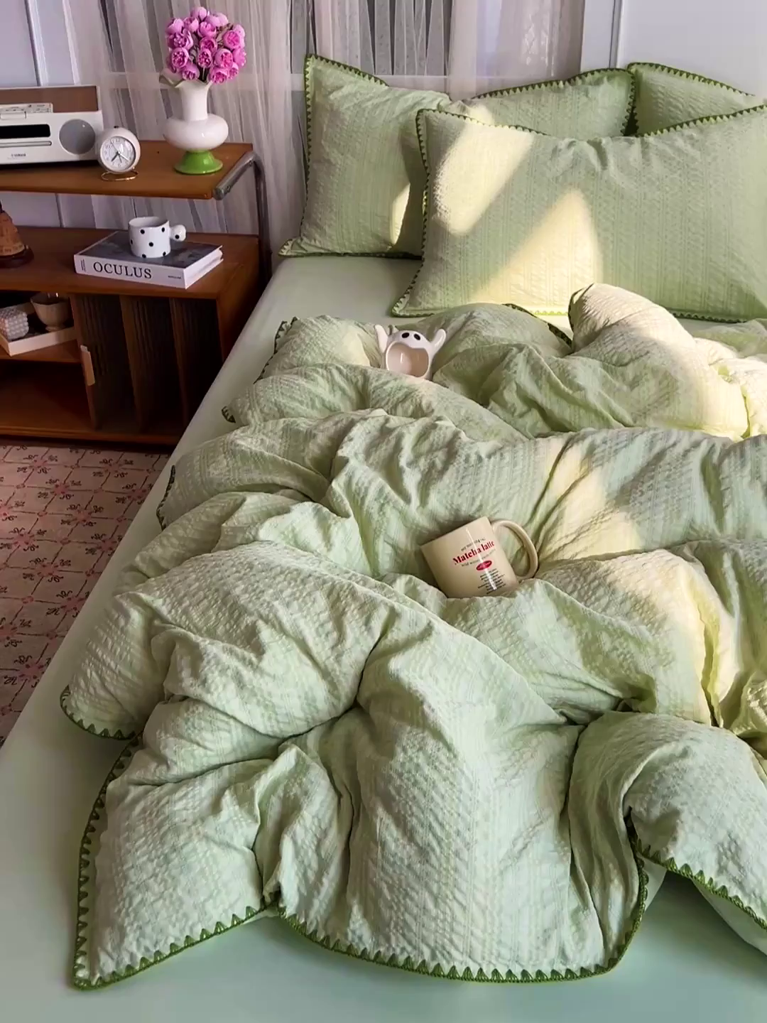 91家纺网 家纺一手货源 找家纺 一比一家纺 2026新款泡泡纱三角针四件套--纯色系列 抹茶绿