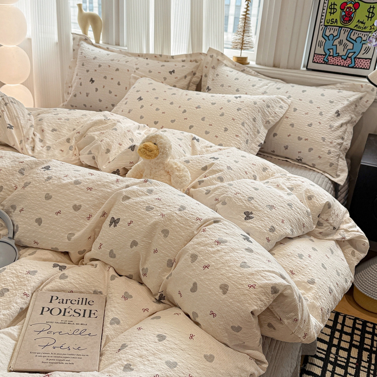 91家纺网 家纺一手货源 找家纺 富米莱（原臻工厂） 2026新款云感泡芙棉小清新印花简约床盖床裙四件套一小红书推荐 简约-灰蝴蝶结