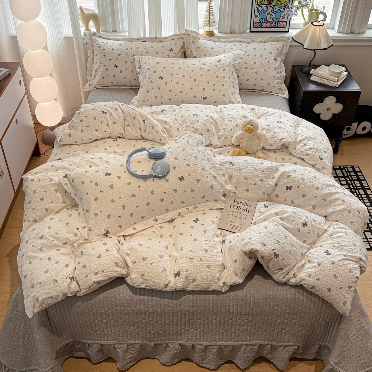 91家纺网 家纺一手货源 找家纺 富米莱（原臻工厂） 2026新款云感泡芙棉小清新印花简约床盖床裙四件套一小红书推荐 简约-灰蝴蝶结