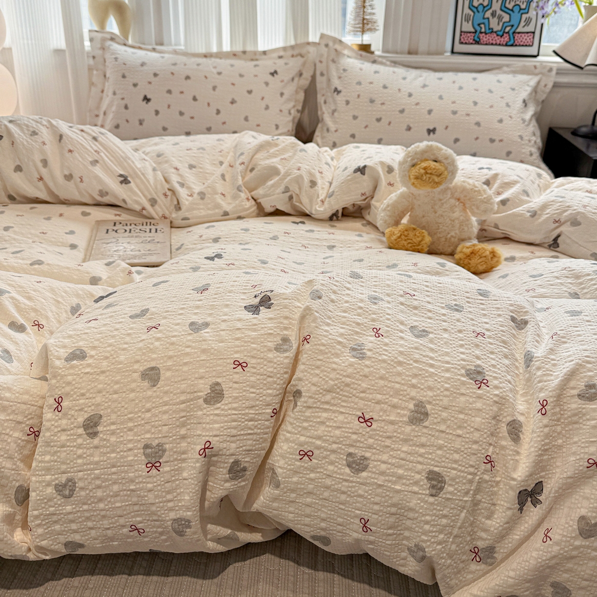 91家纺网 家纺一手货源 找家纺 富米莱（原臻工厂） 2026新款云感泡芙棉小清新印花简约床盖床裙四件套一小红书推荐 简约-灰蝴蝶结