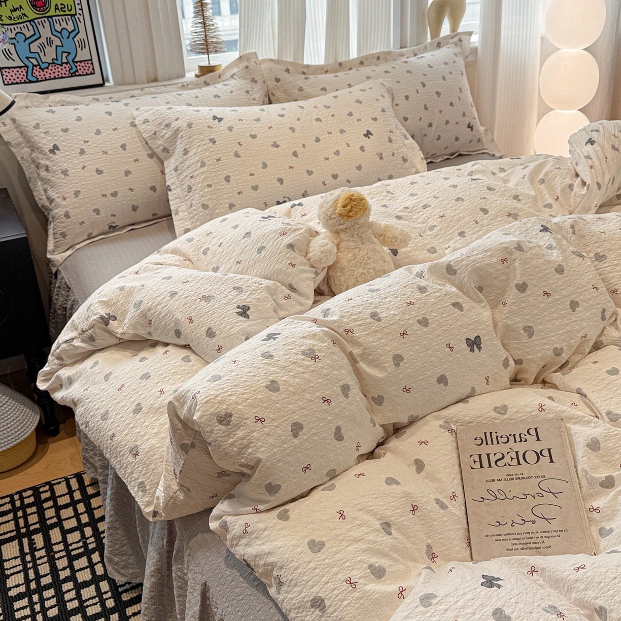 91家纺网 家纺一手货源 找家纺 富米莱（原臻工厂） 2026新款云感泡芙棉小清新印花简约床盖床裙四件套一小红书推荐 简约-灰蝴蝶结