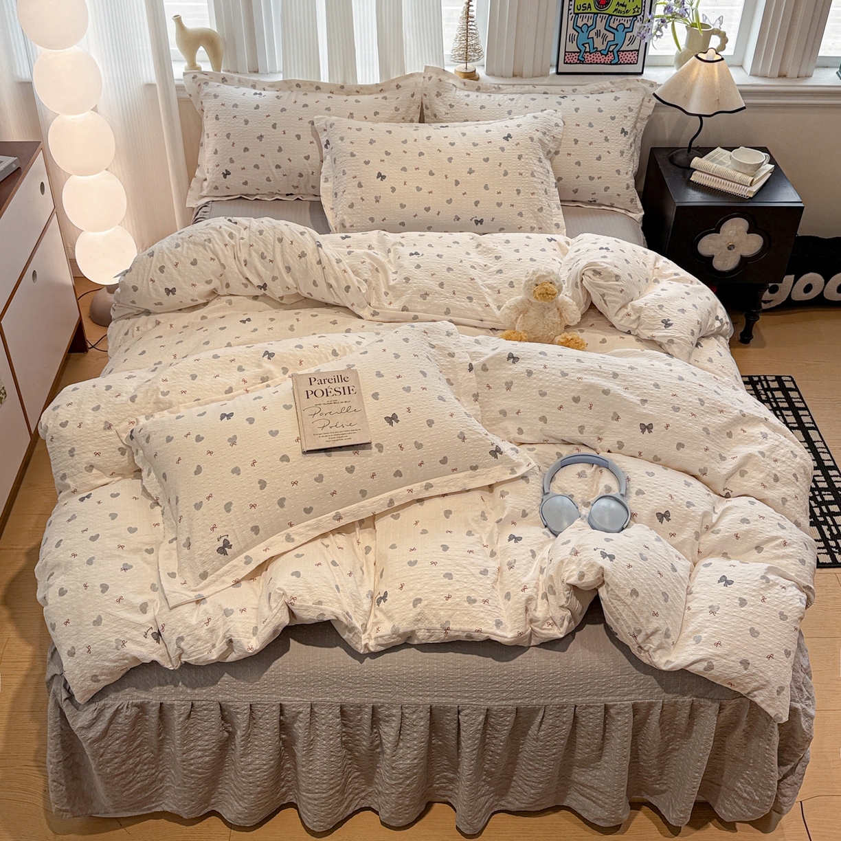 91家纺网 家纺一手货源 找家纺 富米莱（原臻工厂） 2026新款云感泡芙棉小清新印花简约床盖床裙四件套一小红书推荐 简约-灰蝴蝶结