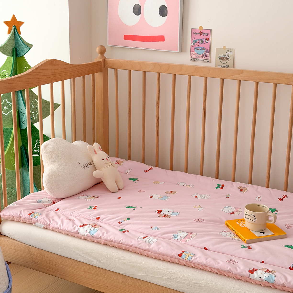 91家纺网 家纺一手货源 找家纺 嗨生活 2026新款全棉儿童床垫幼儿园床垫床褥拼床床垫 粉红猫