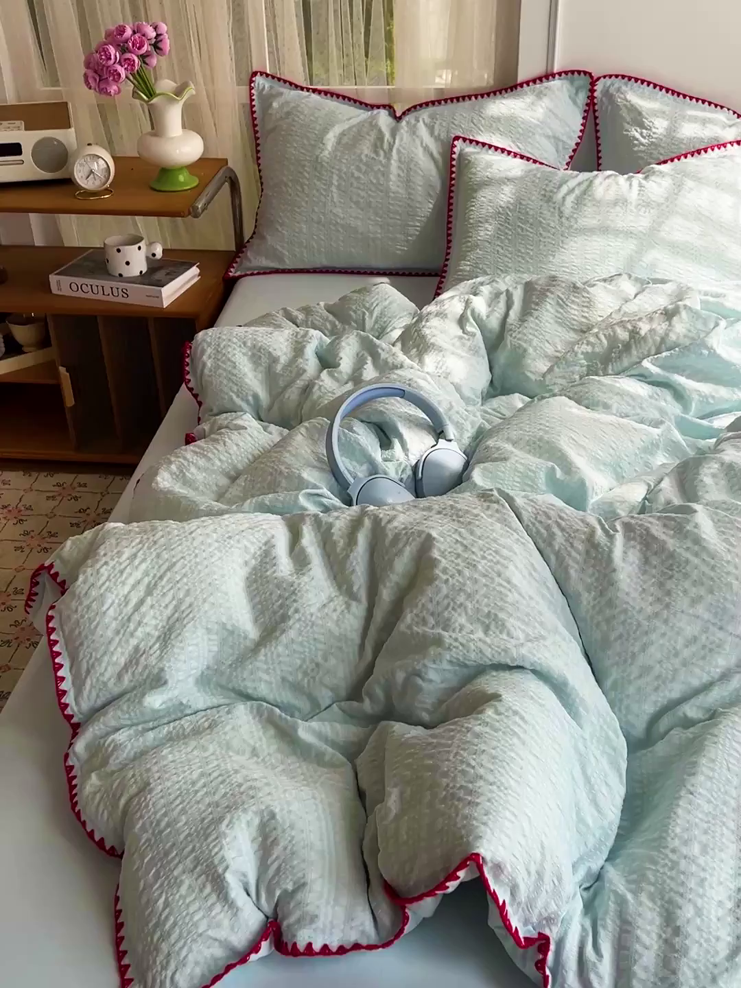 91家纺网 家纺一手货源 找家纺 一比一家纺 2026新款泡泡纱三角针四件套--纯色系列 薄荷绿