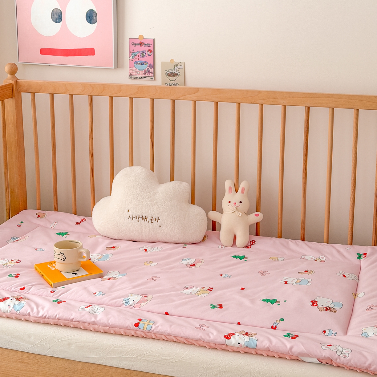91家纺网 家纺一手货源 找家纺 嗨生活 2026新款全棉儿童床垫幼儿园床垫床褥拼床床垫 粉红猫