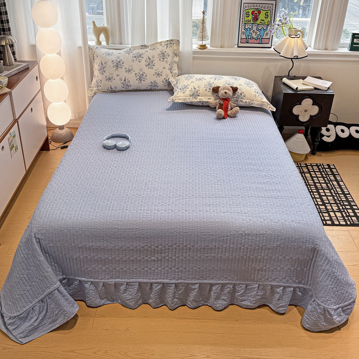 91家纺网 家纺一手货源 找家纺 富米莱（原臻工厂） 2026新款云感泡芙棉小清新印花简约床盖床裙四件套一小红书推荐 简约-江南烟雨