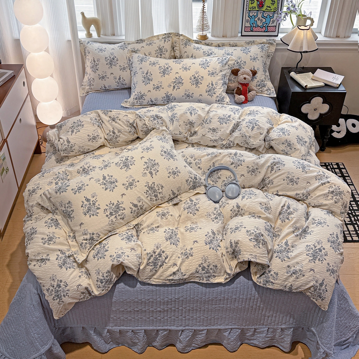 91家纺网 家纺一手货源 找家纺 富米莱（原臻工厂） 2026新款云感泡芙棉小清新印花简约床盖床裙四件套一小红书推荐 简约-江南烟雨