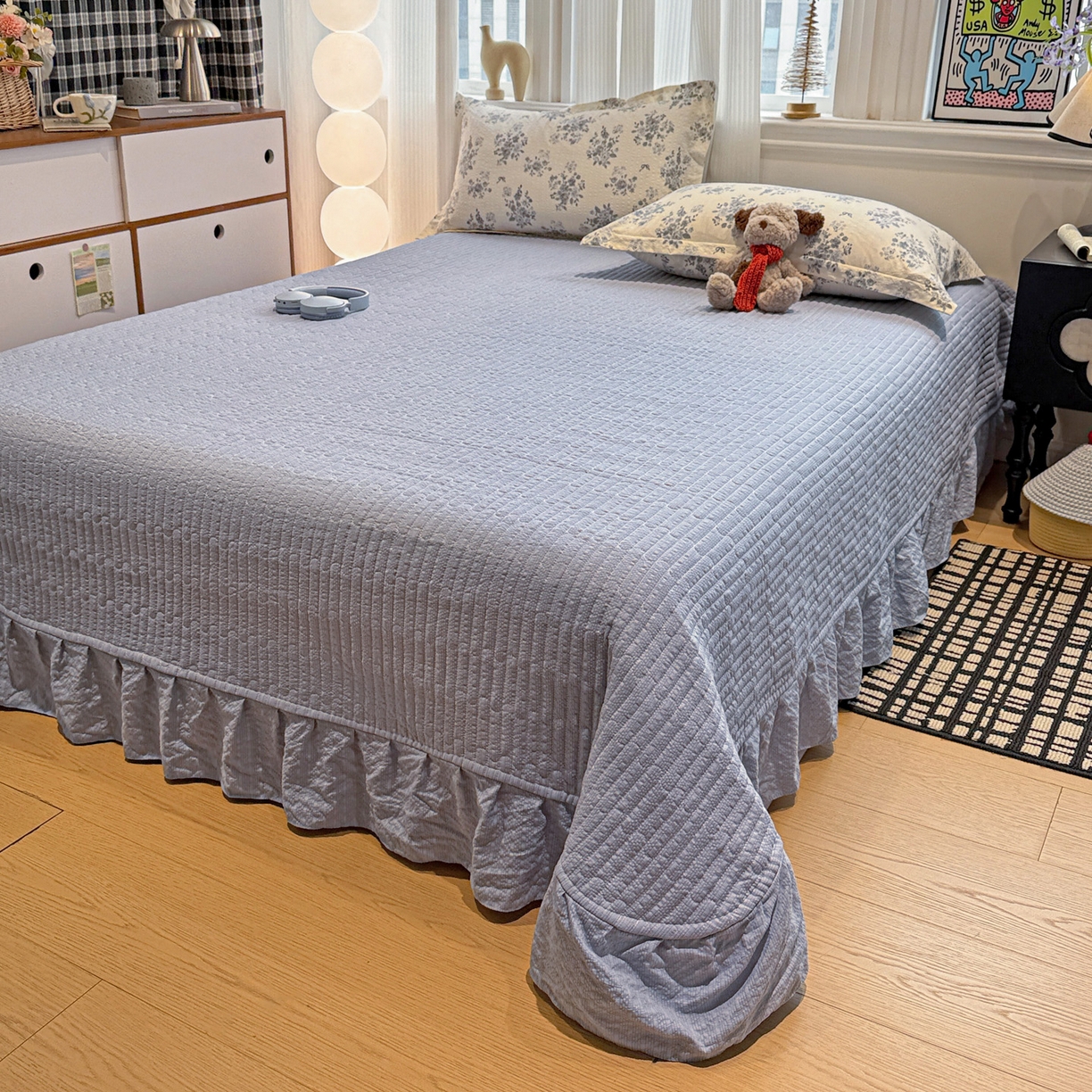 91家纺网 家纺一手货源 找家纺 富米莱（原臻工厂） 2026新款云感泡芙棉小清新印花简约床盖床裙四件套一小红书推荐 简约-江南烟雨