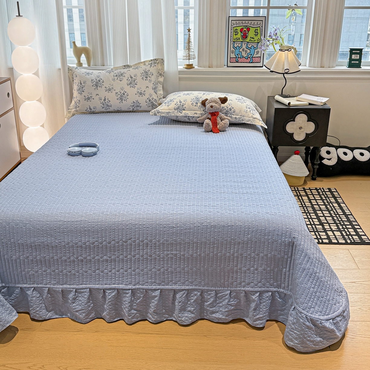 91家纺网 家纺一手货源 找家纺 富米莱（原臻工厂） 2026新款云感泡芙棉小清新印花简约床盖床裙四件套一小红书推荐 简约-江南烟雨