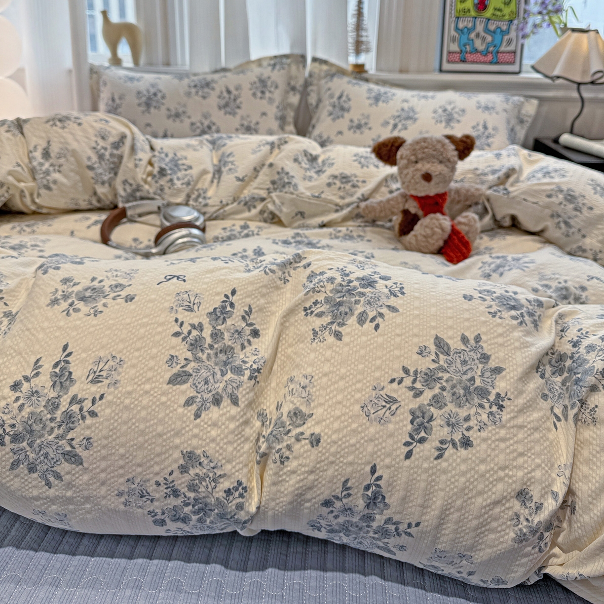 91家纺网 家纺一手货源 找家纺 富米莱（原臻工厂） 2026新款云感泡芙棉小清新印花简约床盖床裙四件套一小红书推荐 简约-江南烟雨