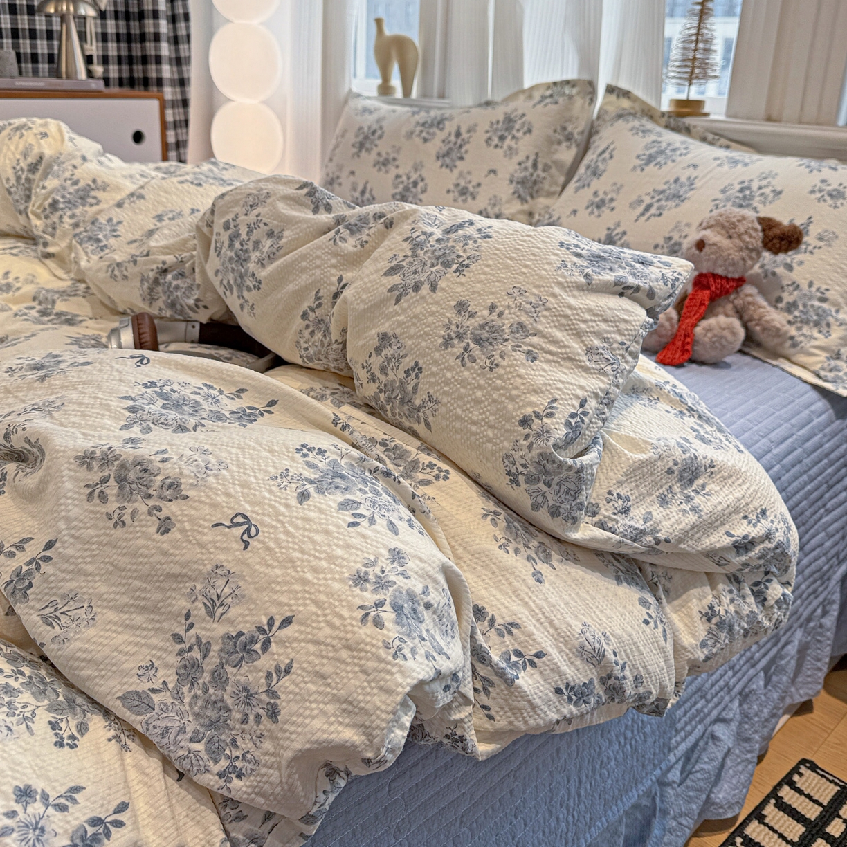 91家纺网 家纺一手货源 找家纺 富米莱（原臻工厂） 2026新款云感泡芙棉小清新印花简约床盖床裙四件套一小红书推荐 简约-江南烟雨