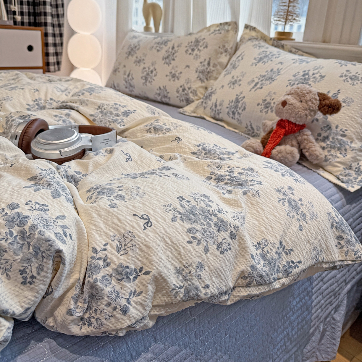 91家纺网 家纺一手货源 找家纺 富米莱（原臻工厂） 2026新款云感泡芙棉小清新印花简约床盖床裙四件套一小红书推荐 简约-江南烟雨