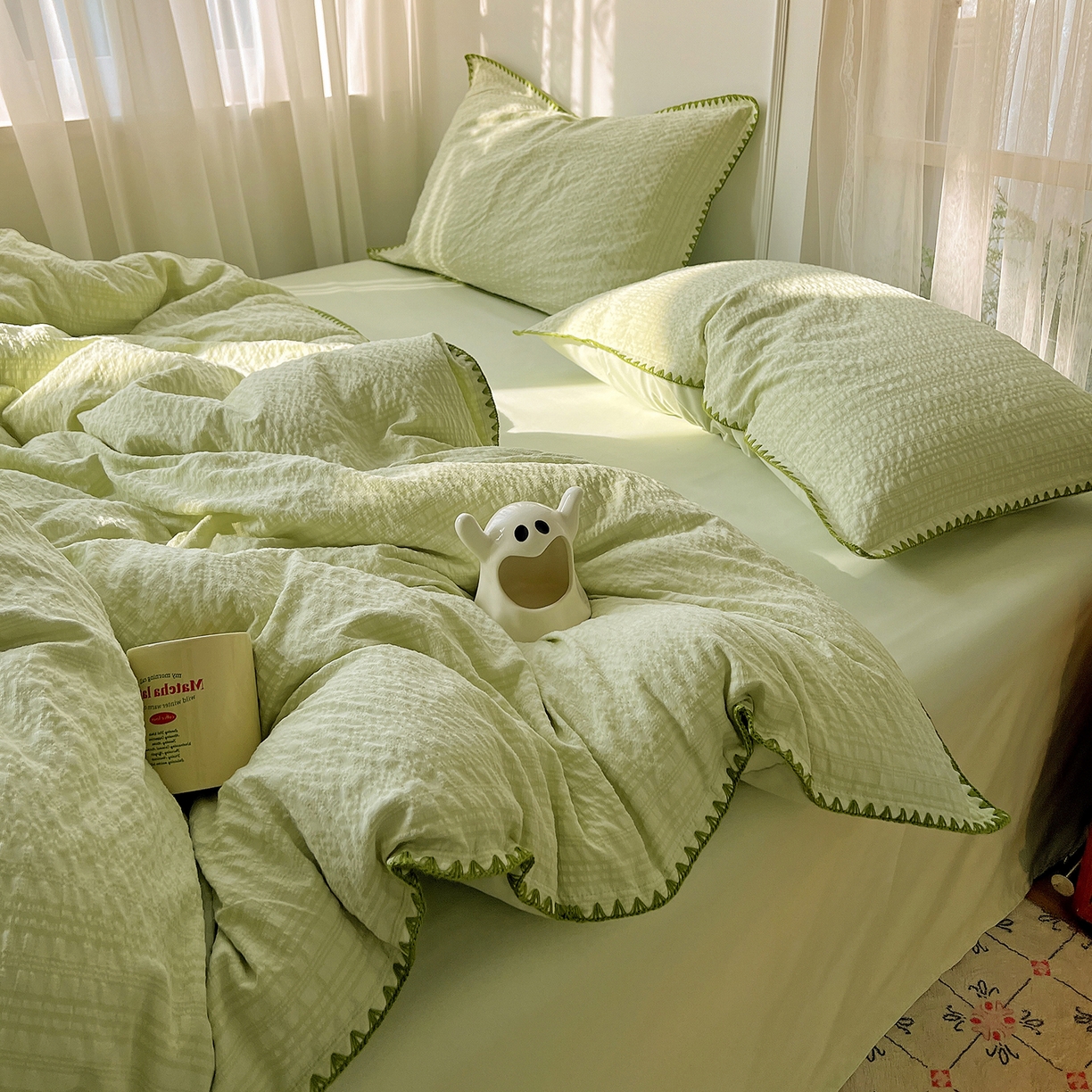 91家纺网 家纺一手货源 找家纺 一比一家纺 2026新款泡泡纱三角针四件套--纯色系列 抹茶绿